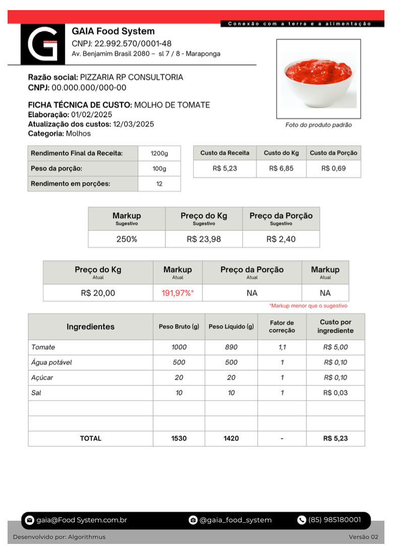 Exemplo de Ficha Técnica no Gaia